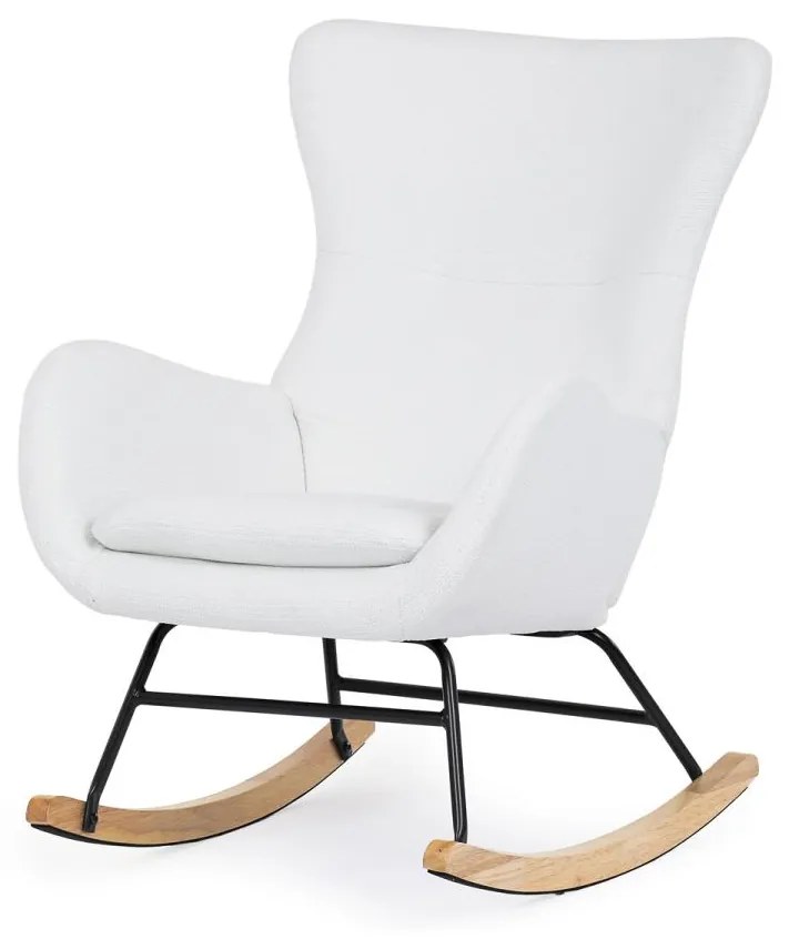 Hojdacie kreslo AK-376 WT2, biela látka, drevené nohy, masívne kaučukové drevo