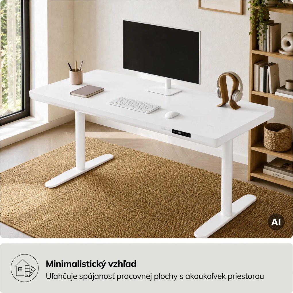 Elektrický písací stôl sit-stand so zásuvkou a bezdrôtovou nabíjačkou Qi biely, 1400 mm: ELLIS