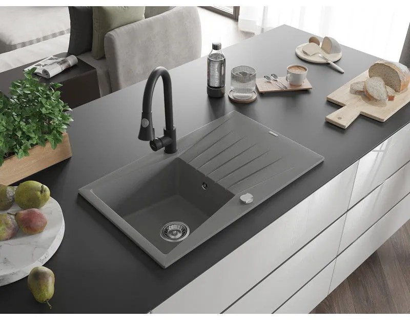 Mexen Cesar, 1-komorový granitový drez 775x470x190 mm a drezová batéria Elia, šedá, 6514-71-670101-70