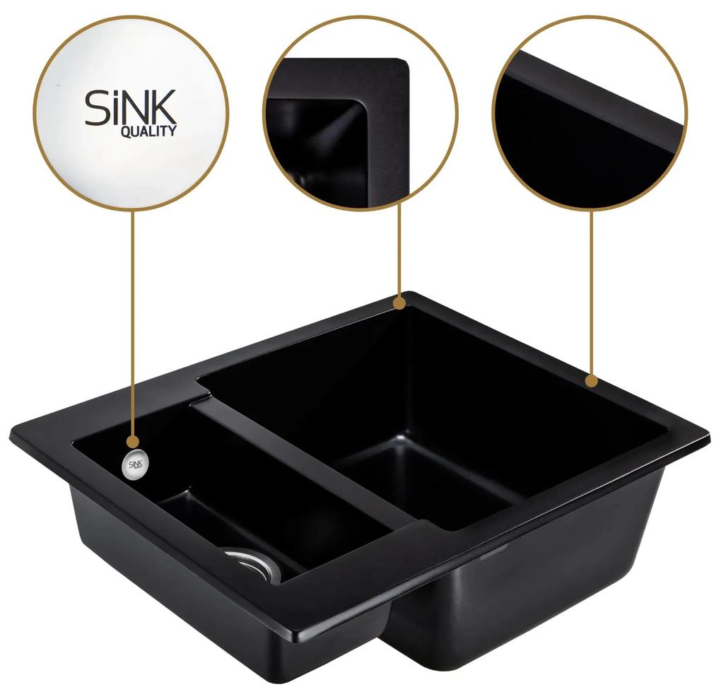 Sink Quality Ferrum, kuchynský granitový drez 605x495x210 mm + chrómový sifón, čierna, SKQ-FER.C.5KBO.X