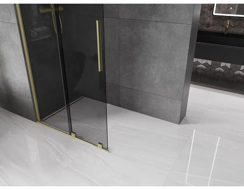 Mexen Velar, sprchová zástena s posuvnými dverami Walk-in 75 x 200 cm, 8mm šedé sklo, zlatá matná, 871-075-000-43-55
