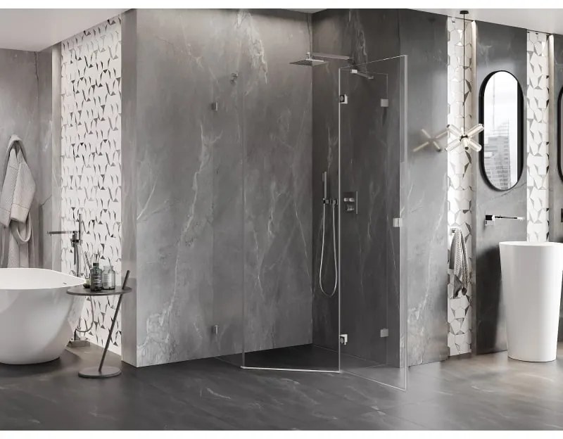 Mexen Lunar, päťuholníkový sprchový kút s pravým sklonom 90 x 90 cm, 8mm číre sklo, oceľový profil, 831-090P-090L-97-00-P