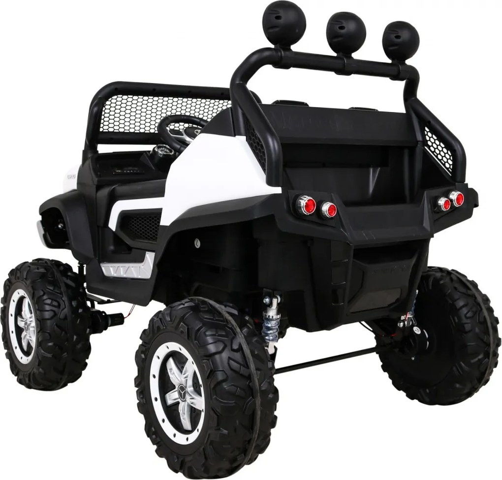 Ramiz Mercedes Benz Unimog pre deti biely + pohon 4x4 + diaľkové ovládanie + nosič batožiny + pomalý štart + MP3 LED