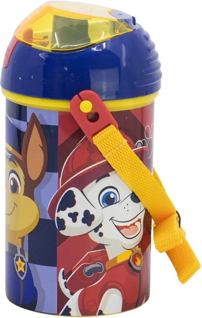 Plastová fľaša na pitie so slamkou, viečkom a popruhom Labková patrola - Paw Patrol - motív Rescue Pups - 450 ml