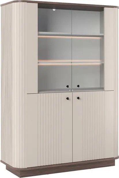 Vitrína Vesper 103 cm štvordverová na sokli - kašmír / orech / čierne úchyty