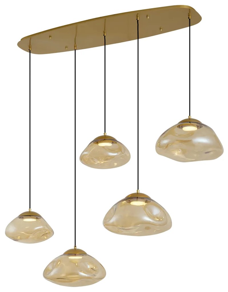 Hotelová elegantná závesná lampa mosadzná s jantárovým sklom 5-svetiel - Gus