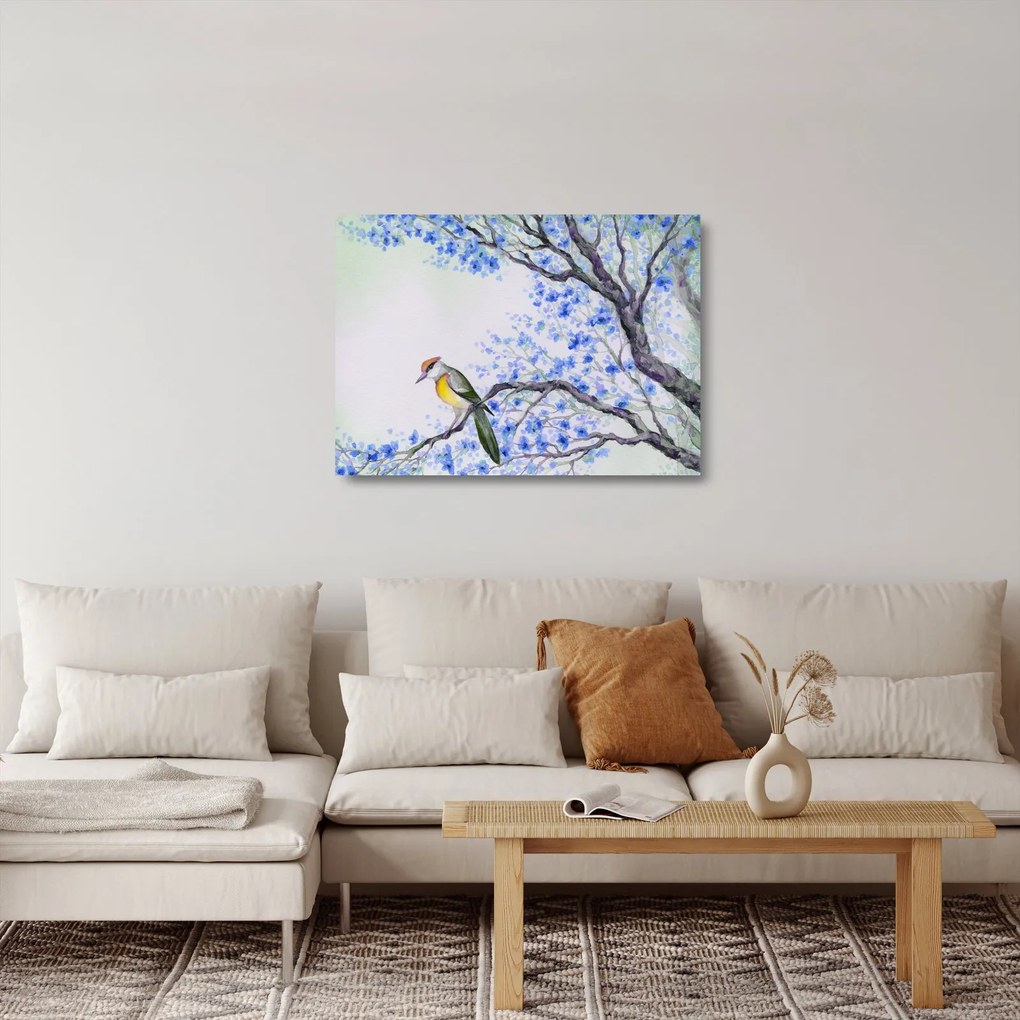 Sklenený obraz - Vtáčik na strome s modrými kvetmi (70x50 cm)