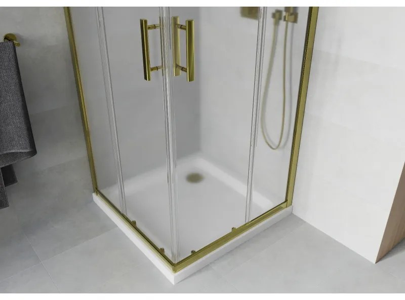 Mexen Rio, štvorcový sprchovací kút s posuvnými dverami 90(dvere) x 90(dvere) x 190 cm, 6mm sklo námraza, zlatý profil + biela sprchová vanička SLIM, 860-090-090-50-30-4010G