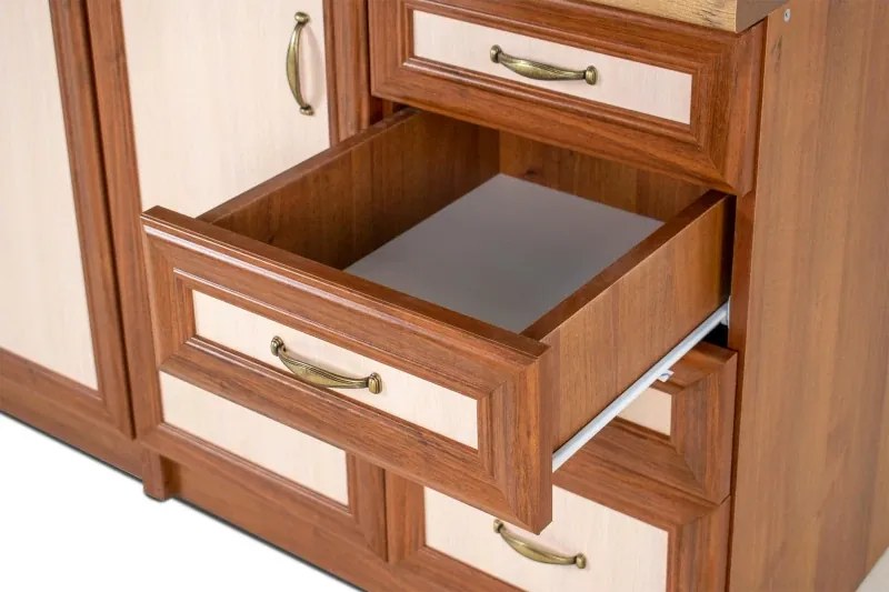 Kredenc Ramiak 160, orech ecco/akacia (sklo hranaté, úchyt u13 zlato, doska dub lancelot)