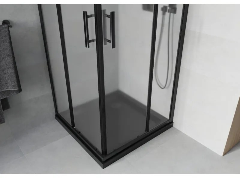 Mexen Rio, štvorcový sprchovací kút s posuvnými dverami 70(dvere) x 70(dvere) x 190 cm, 6mm sklo námraza, čierny profil + čierna sprchová vanička SLIM, 860-070-070-70-30-4070B
