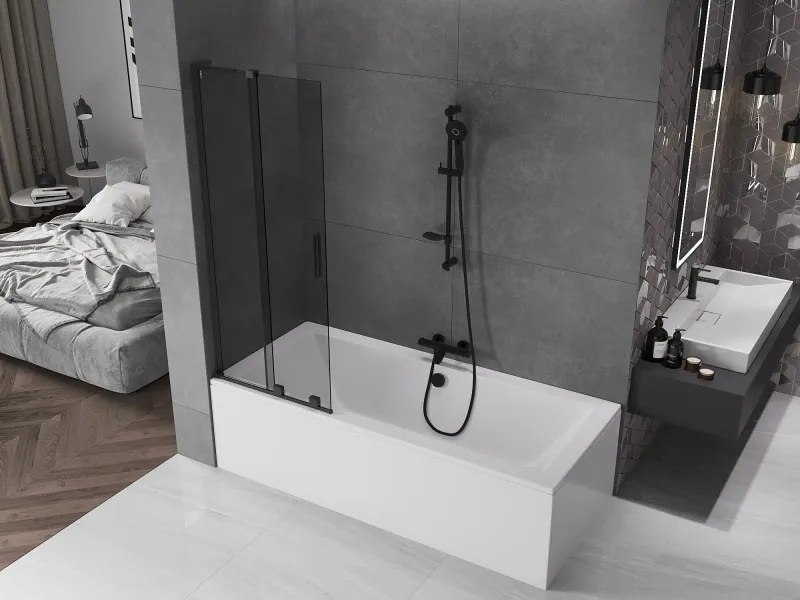 Mexen Velar L, 2-krídlová posuvná vaňová zástena 70 x 150 cm, 8mm šedé sklo, čierna matná, 896-070-003-41-70