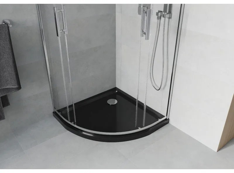 Mexen Rio, štvrťkruhový sprchovací kút s posuvnými dverami 80 x 80 cm, 6mm číre sklo, chrómový profil + čierna sprchová vanička, 863-080-080-01-00-4170