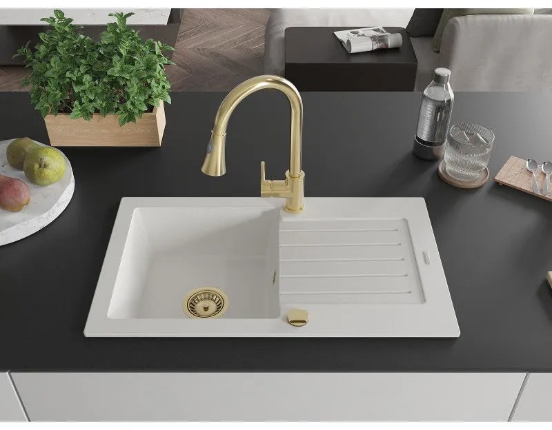 Mexen Pablo, 1-komorový granitový drez 752x436x161 mm a drezová batéria Elia, biela, 6510-20-670101-50