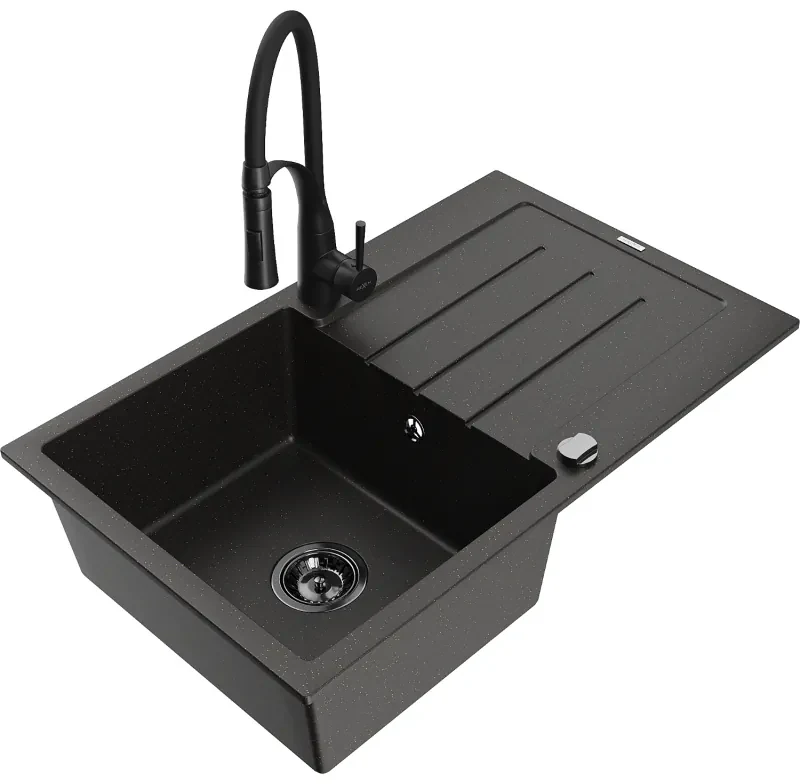 Mexen Bruno, 1-komorový granitový drez 795x495x200 mm a drezová batéria Aster, čierna-zlatá metalíza, 6513-75-73450-70-B