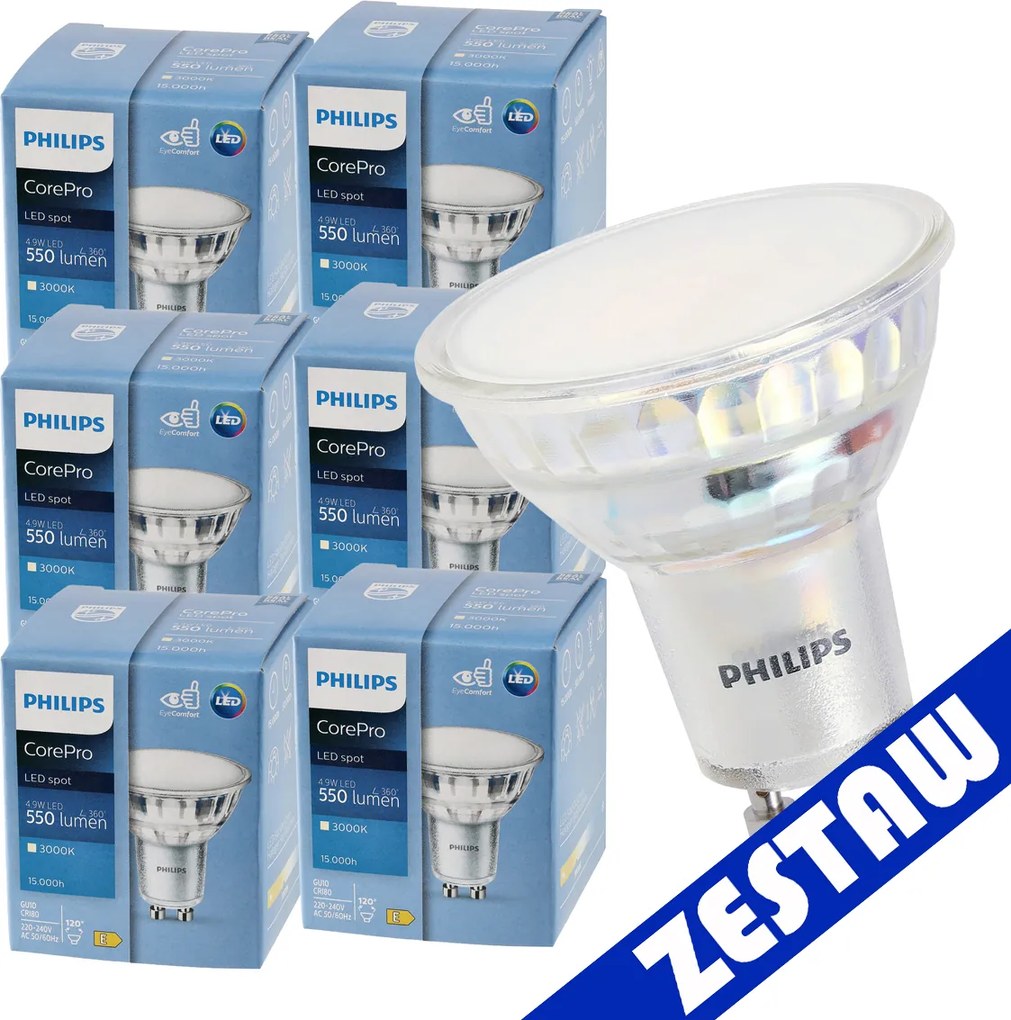 SADA 6x LED žiarovka PHILIPS GU10 4,9W 550lm teplá farba 3000K