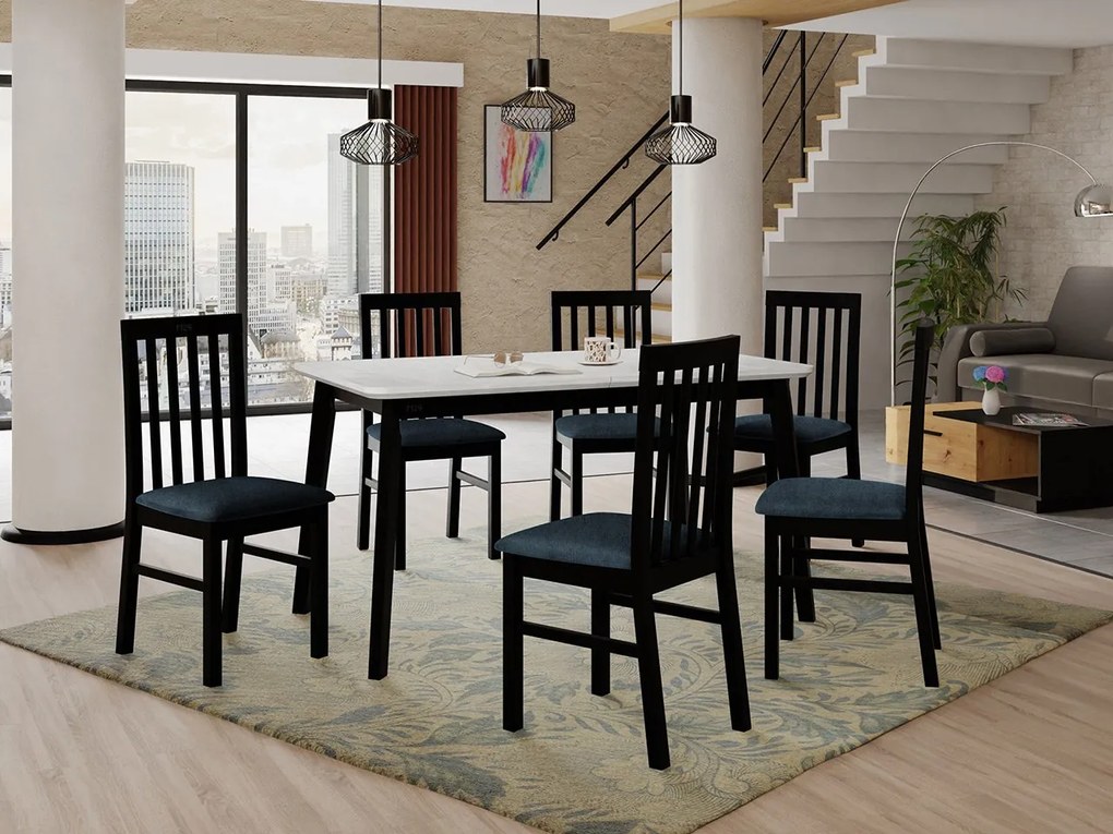 Rozkladací stôl so 6 stoličkami AL16, Morenie: biela, Poťahové látky: 26x - Kronos 22, Farby nožičiek: čierna
