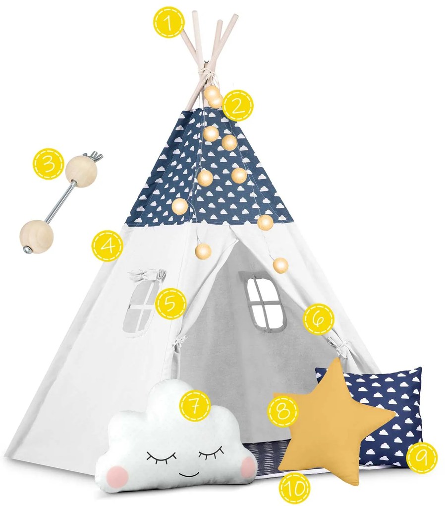 Detský stan Tepee so svetlami Nukido - námornícka modrá
