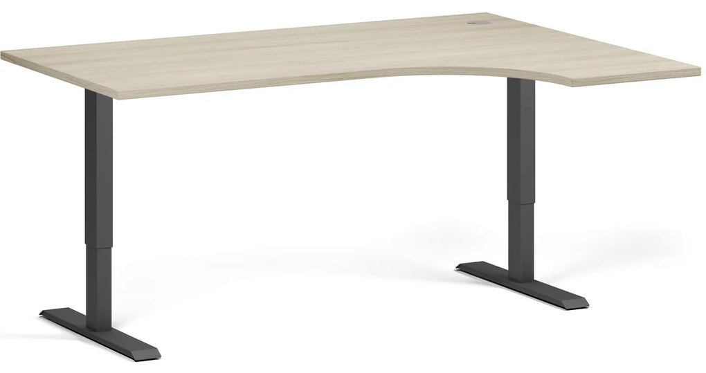 Rohový výškovo nastaviteľný stôl, 160x120 cm, 2 motory, L/P, čierna podnož, dub prírodný