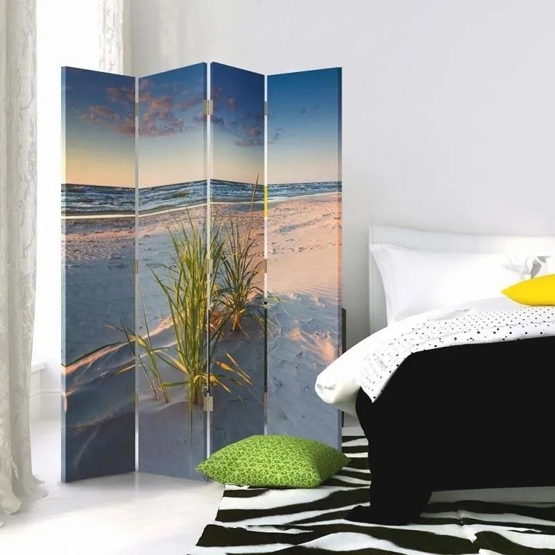 Ozdobný paraván, Fialové světlo nad pláží - 145x170 cm, štvordielny, klasický paraván