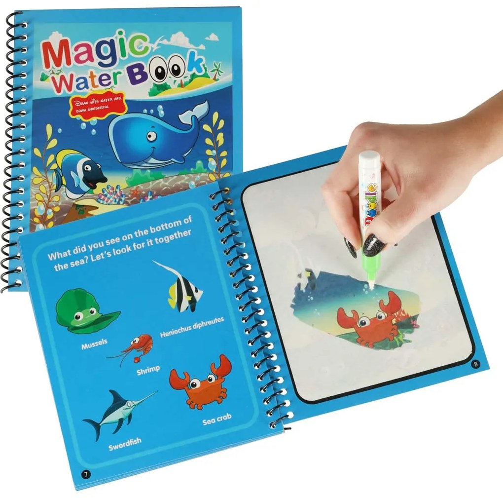 KIK Modrá vodná kniha s fixkou – omaľovánka morské živočíchy pre deti, bez škvŕn