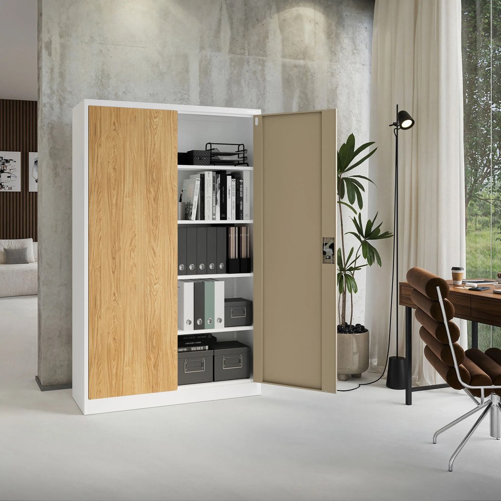 Kovová kancelárska skriňa na dokumenty, široká, biela/zlatý dub, 1150x1850x400 mm: JAN II Eco Design