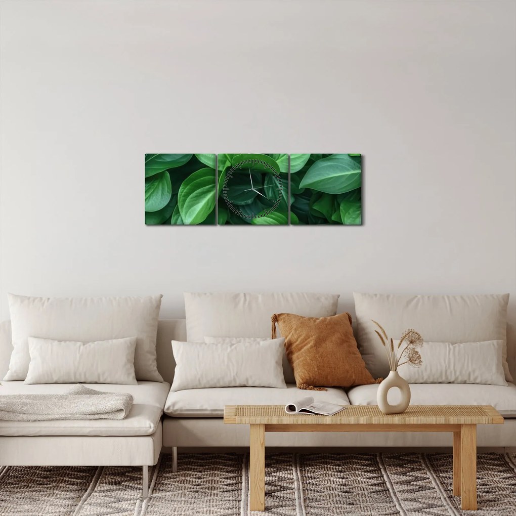 Obraz - Zelené listy (s hodinami) (90x30 cm)