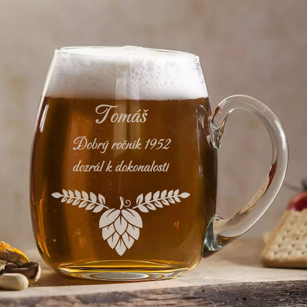 Ručne fúkaný okrúhly polliter na pivo s gravírovaním Chmeľ 500 ml 1KS