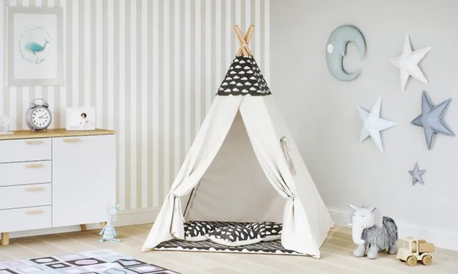 Detský stan Tipi obláčiky čierny / béžový