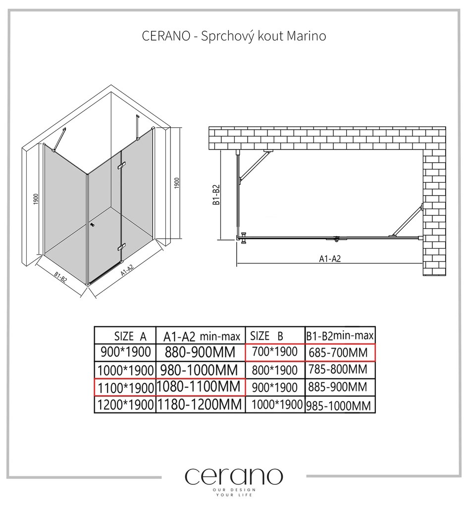 Cerano Marino, sprchovací kút 110(dvere) x 70(stena) x 190 cm, 6mm číre sklo, čierny profil, CER-CER-422883