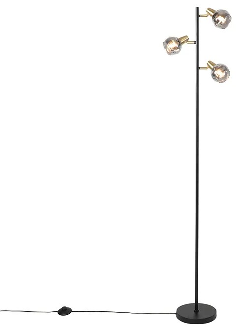 Stojaca lampa v štýle Art Deco čierna a zlatá s dymovým sklom 3-svetlo - Vidro