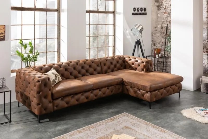 Invicta Interior - Rohová pohovka Chesterfield MODERN BAROQUE 275 cm pravá, starožitná hnedá