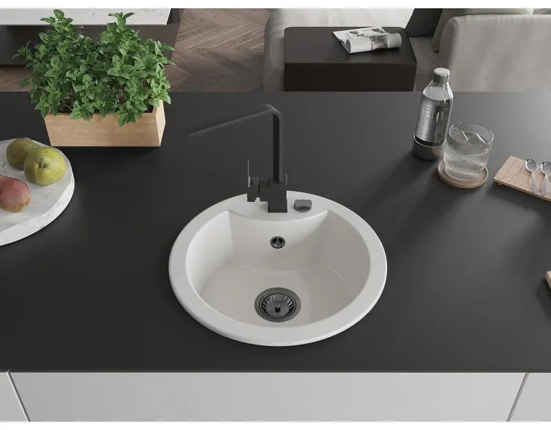 Mexen Diego, 1-komorový granitový drez 488x488x167 mm, čierny sifón, čierna matná batéria Rita, biela, 6512-20-670300-70