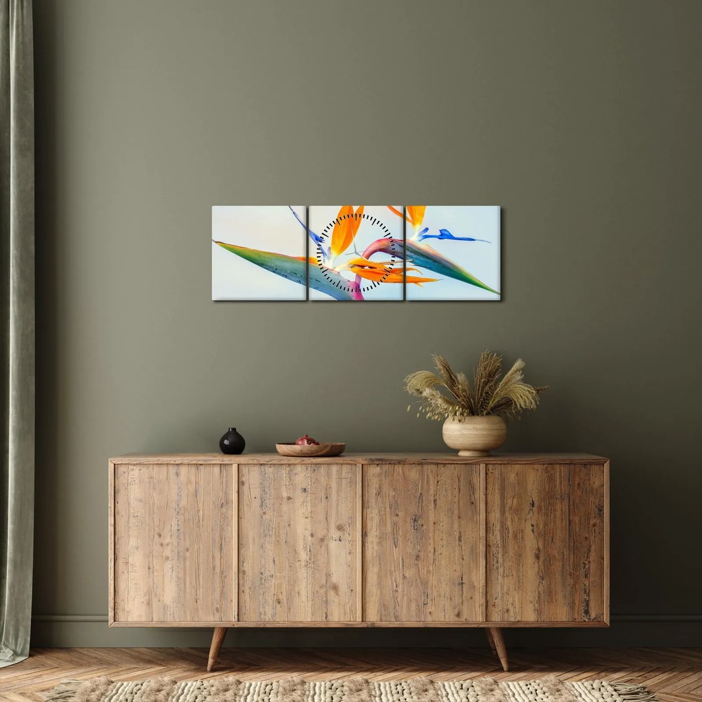 Obraz kvetu Strelícia (s hodinami) (90x30 cm)