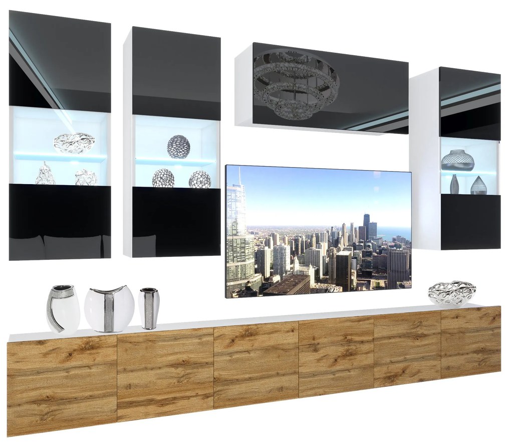 Obývacia stena Belini Premium Full Version čierny lesk / dub wotan + LED osvetlenie Nexum 82