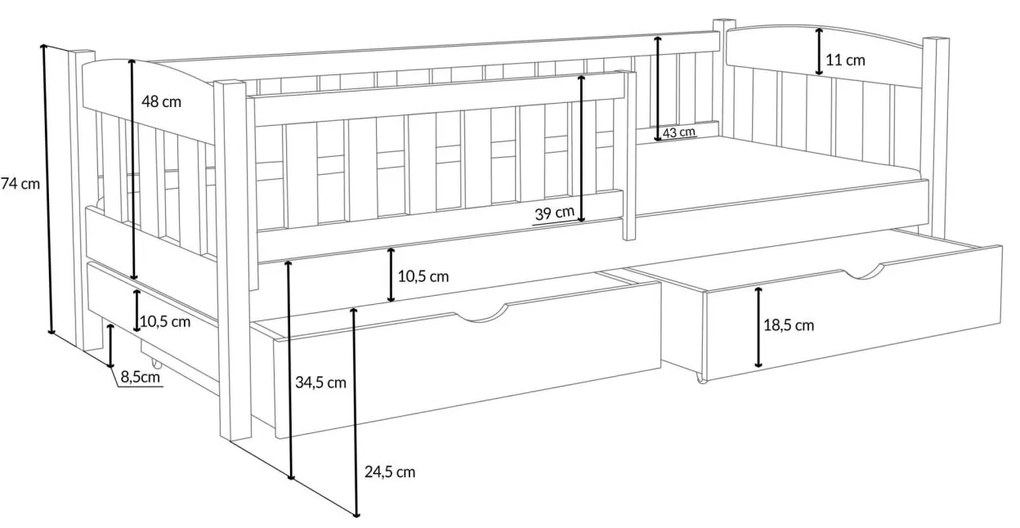 Detská posteľ z masívu borovice BEN so šuplíkmi - 200x90 cm - PRÍRODNÁ BOROVICA