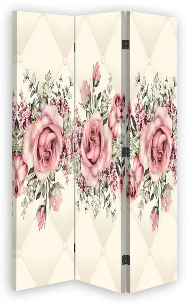 Ozdobný paraván Růže Květiny Růžová - 110x170 cm, trojdielny, obojstranný paraván 360°