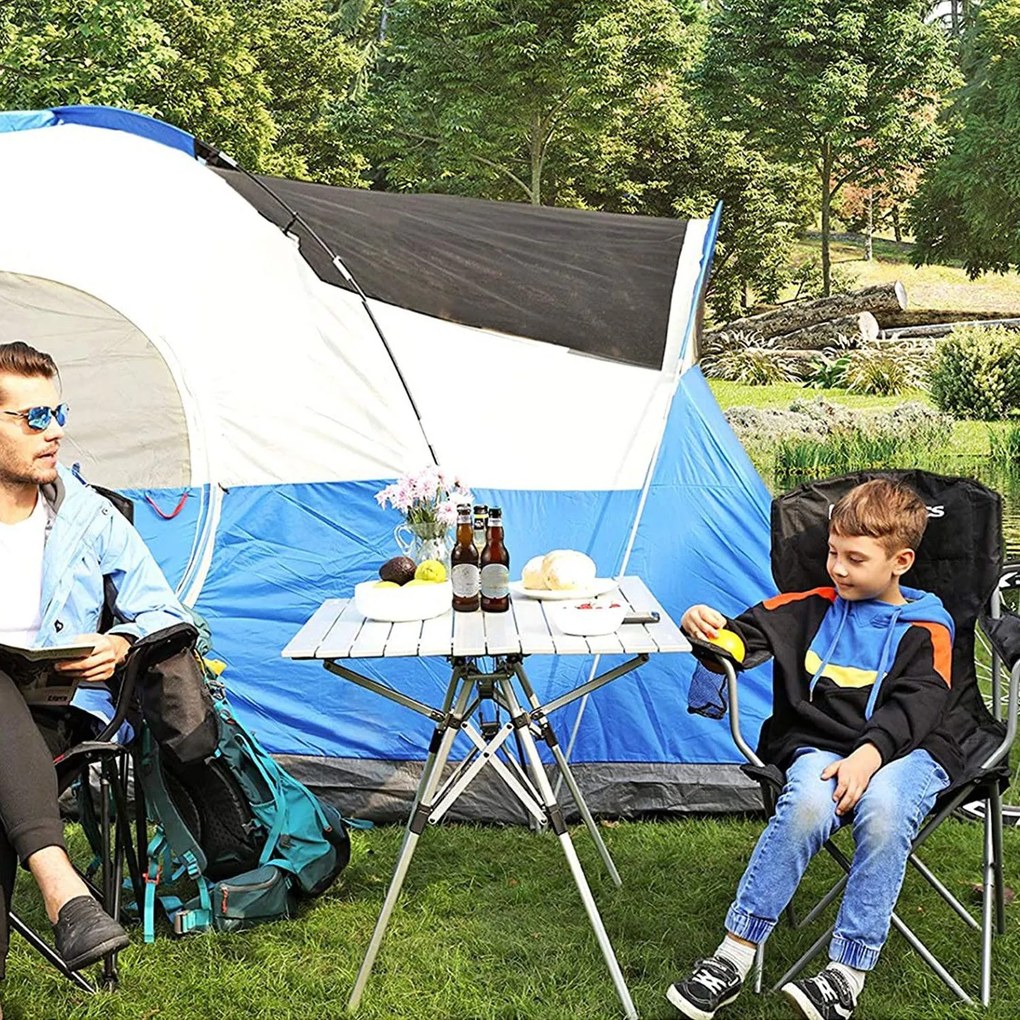 Skladacia kempingová stolička, 2-dielna súprava s držiakom na pohár, čierna