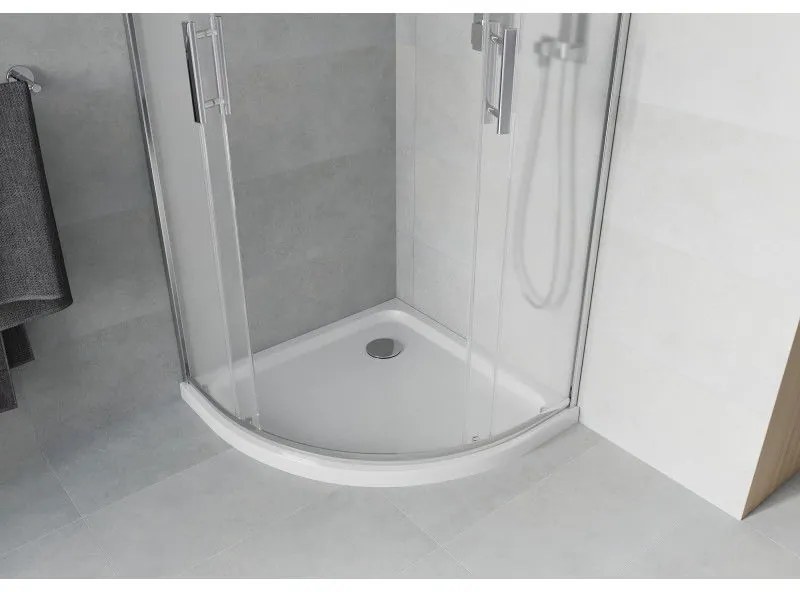 Mexen Rio, štvrťkruhový sprchovací kút s posuvnými dverami 80 x 80 cm, 6mm sklo námraza, chrómový profil + biela sprchová vanička, 863-080-080-01-30-4110