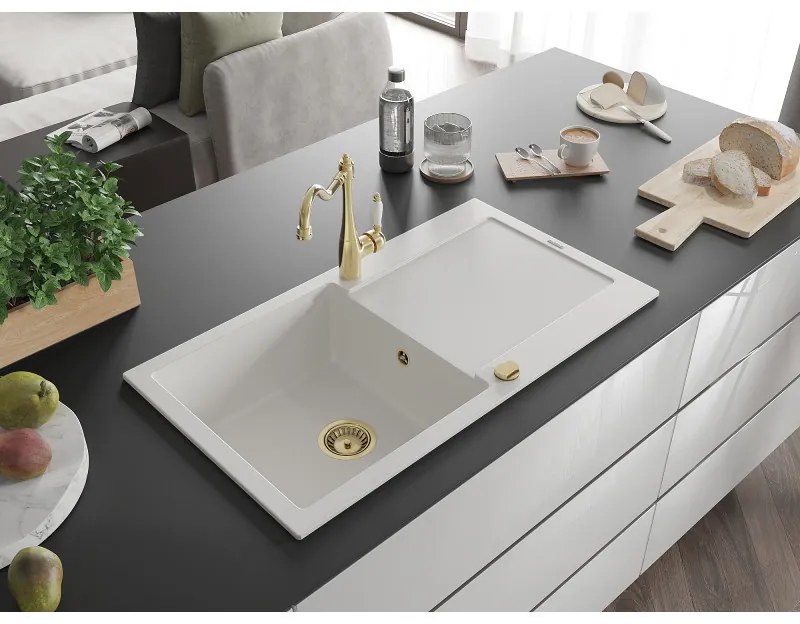 Mexen Leo, granitový drez 900x500x190 mm, 1-komorový a drezová batéria Carla, biela, 6501-20-670700-50