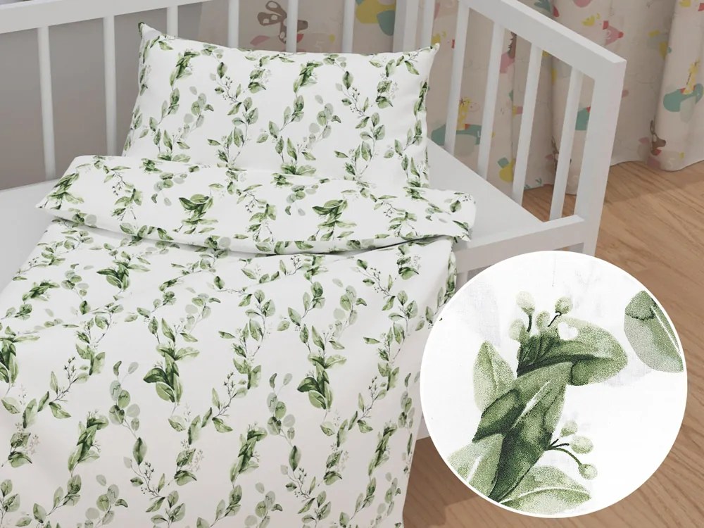 Biante Detské bavlnené posteľné obliečky do postieľky Sandra SA-422 Zelené listy na bielom Do postieľky 90x120 a 40x60 cm