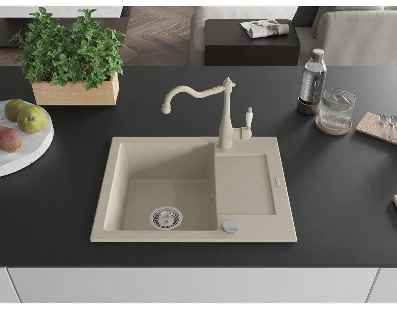Mexen Enzo, granitový drez 576x465x174 mm, 1-komorový a drezová batéria Carla, béžová, 6506-69-670700-69