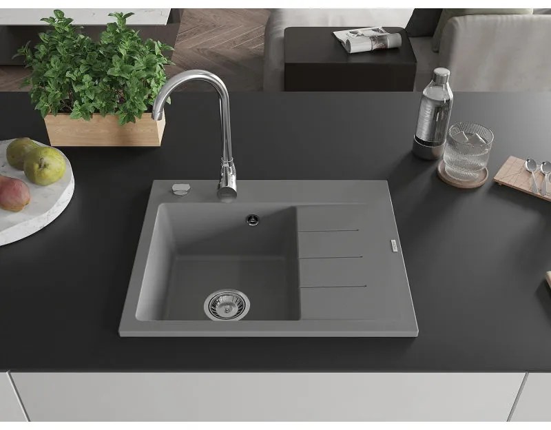 Mexen Ben, 1-komorový granitový drez 600x500x190 mm, ľavý+ chrómový sifón, šedá, 6522605000-71