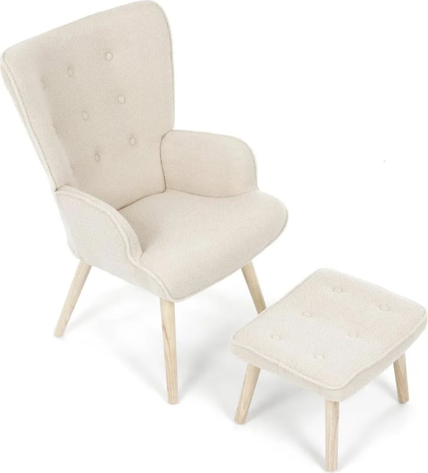 Relaxačné kreslo ušiak ROMEO II + taburet — masívne drevo, látka bouclé, prírodná / krémová
