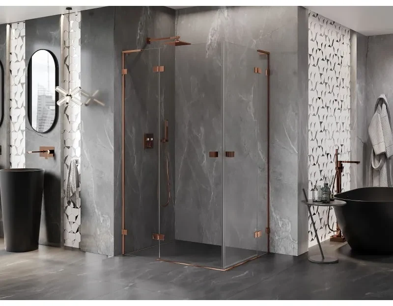 Mexen Lunar, L Duo výklopný sprchový kút 120 x 80 cm, 8mm číre sklo, profil ružové zlato, 834L-120L-080P-60-00