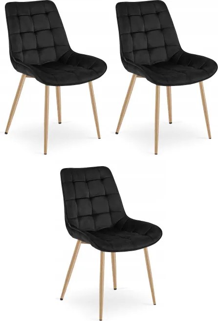 Set troch jedálenských stoličiek BERA zamatové čierne / hnedé nohy (3 ks)