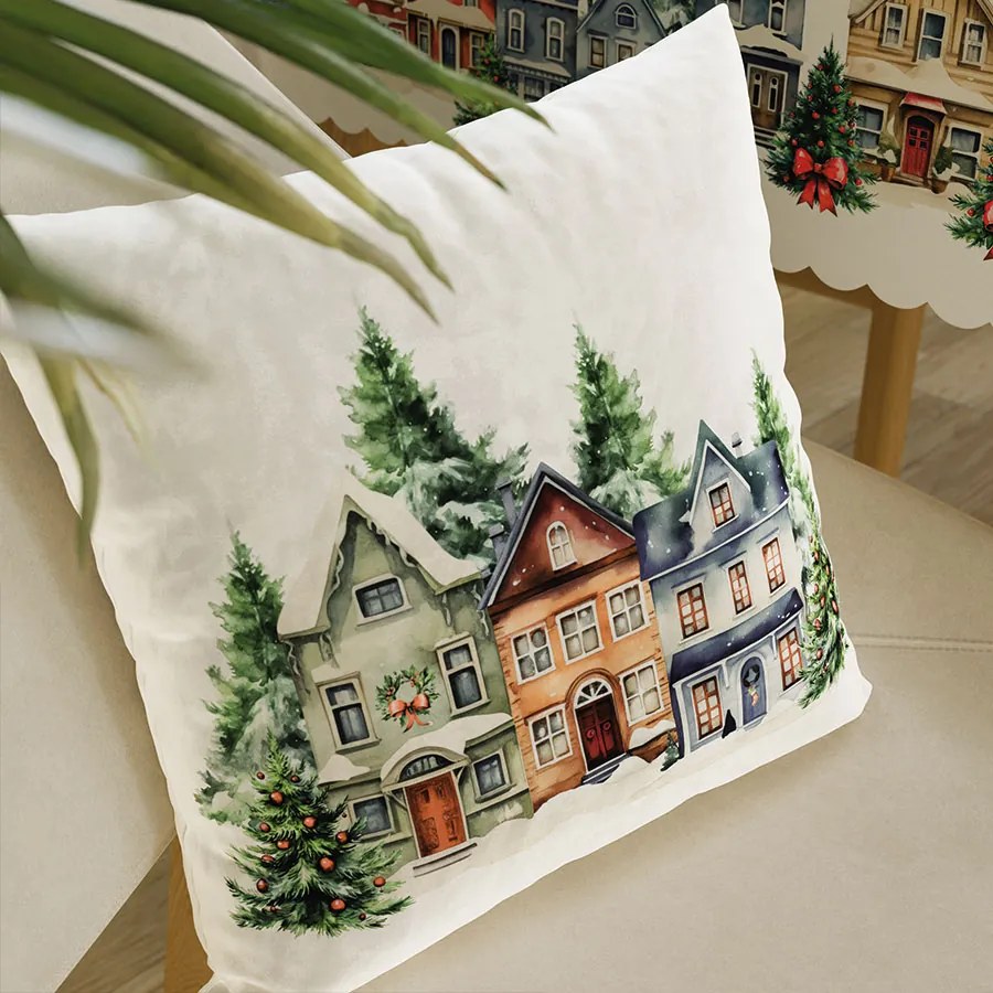 Vianočná obliečka na vankúš Velvet Zimné Mestečko 40x40 cm | INTERMEDIC SK