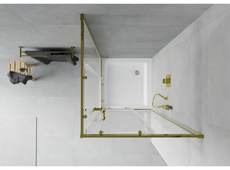 Mexen Rio, štvorcový sprchovací kút s posuvnými dverami 70(dvere) x 70(dvere) x 190 cm, 6mm číre sklo, zlatý profil + Rio sprchová vanička s chrómovým sifónom, 860-070-070-50-00-4510