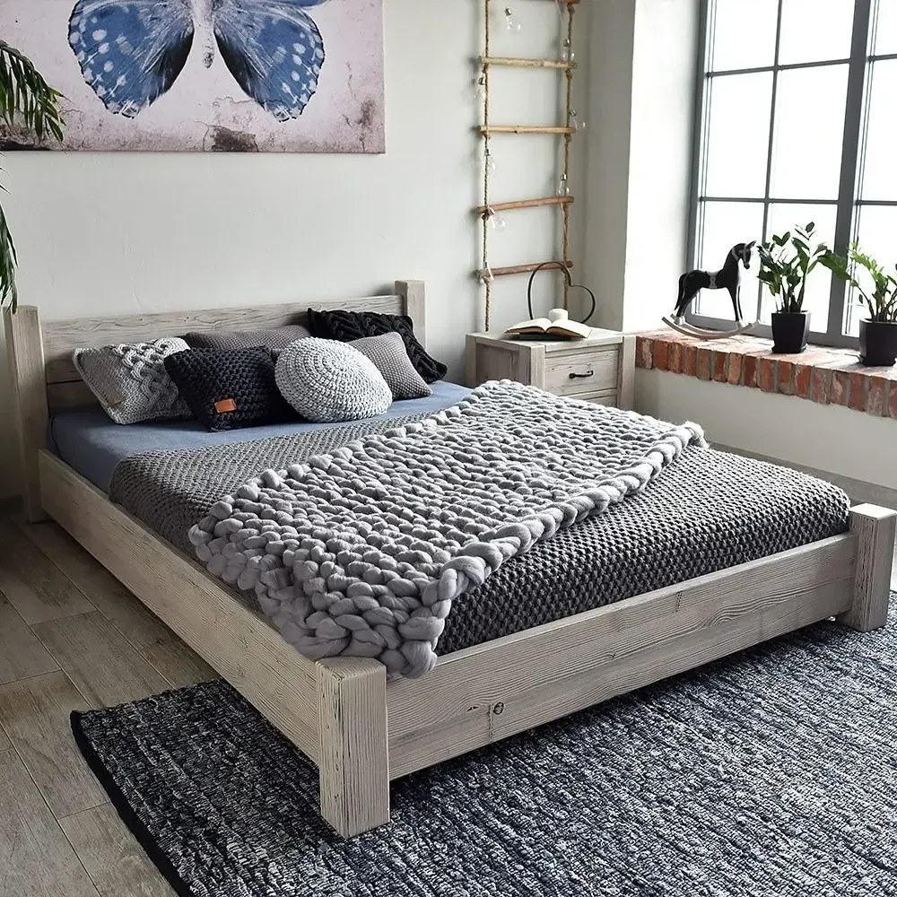 Sivá vidiecka drevená manželská posteľ s nízkym čelom, 140/160/180 x 200 cm 140 cm