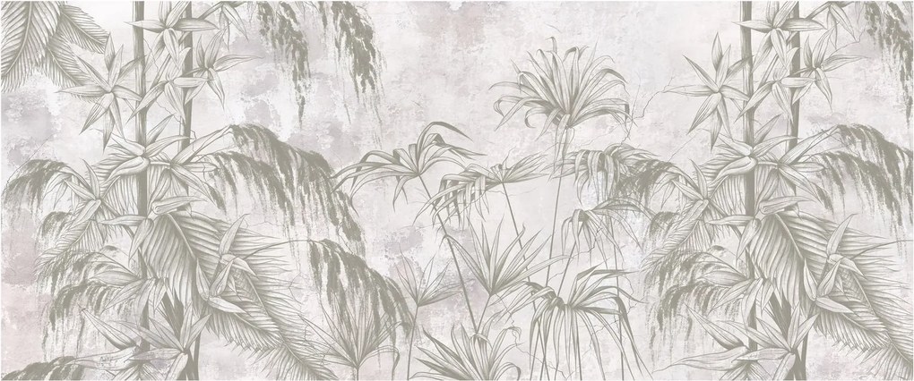 Obraz - Tropické rastliny na stene v šedej (120x50 cm)
