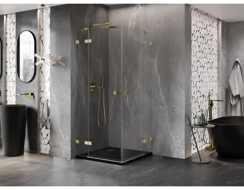 Mexen Lunar Duo, výklopný sprchový kút 95 x 95 cm, 8mm číre sklo, zlatý matný profil, 834-095L-095P-55-00